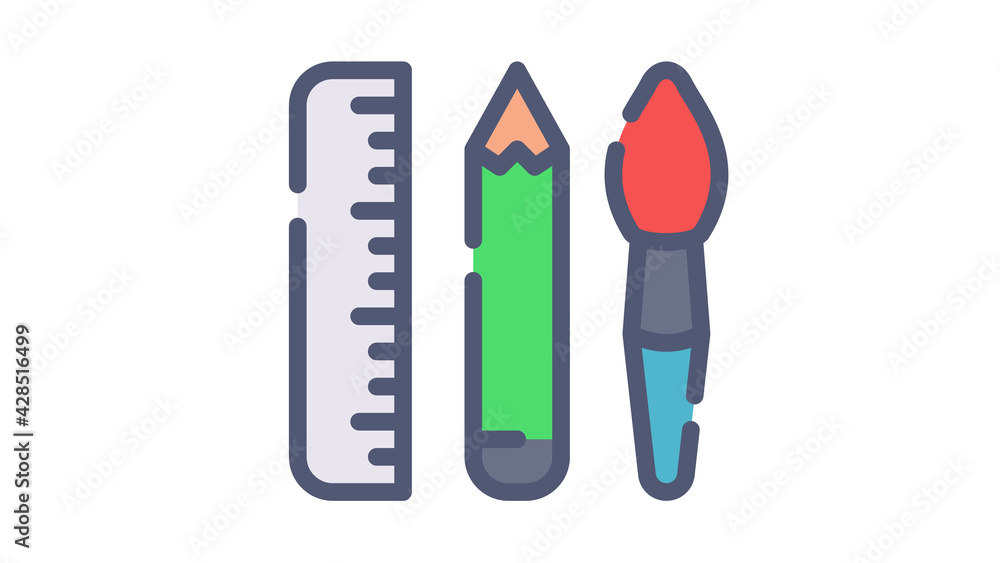 Aufkleber design tool pen brush single isolated icon with flat dash or dashed style