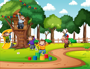 Playground scene with many little monkeys cartoon character