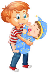 Boy holding baby isolated on white background