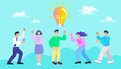 Man and woman thinks of great idea. People holding a big pencil And is walking forward. Good idea reach inspiration motivation, found solution for success at work. Flat Cartoon Vector Illustration.