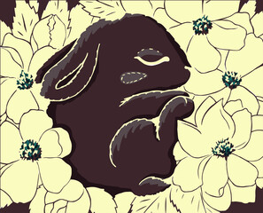 The little broun bunny sleeps in yellow flowers. The silhouette is black and white. Vector illustration
