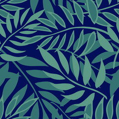 Seamless vector background with different fern green leaves on blue background. Vector illustration