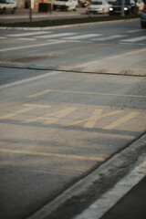 Closeup shot of a bolted down speed bump and yellow taxi parking sign on an asphalt road