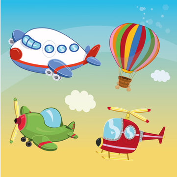 Set of air transport vehicles illustrations. Vector illustration.