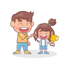 Happy cute girl holding trophy smiling together with father Premium Vector
