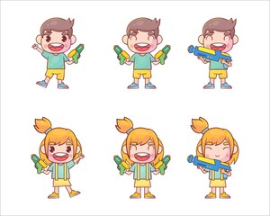 Set of boy and girl playing with water gun Premium Vector
