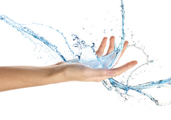 Female hand with water splashes on white background