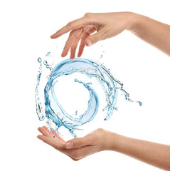 Female hands with water splashes on white background