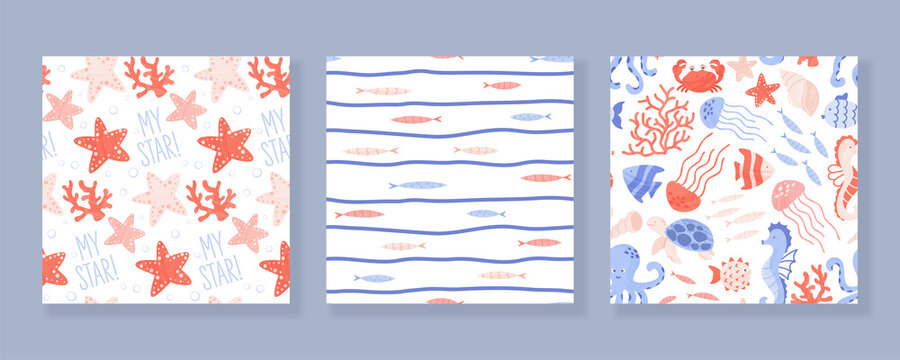 Set of seamless patterns with sea and ocean animals, corals and shells. Vector cartoon illustration