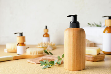 Bottle with natural shampoo on color background
