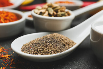 Different spices on dark background, closeup