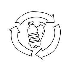 Plastic bottles in recycle sign. Black doodle icon. Hand drawn simple illustration of garbage recycling, bio degradable packaging. Contour isolated vector pictogram on white background