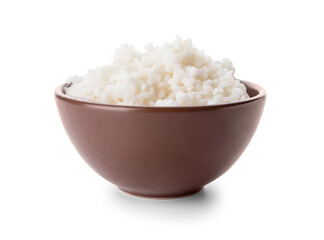 Bowl with tasty rice on white background