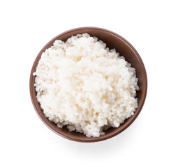 Bowl with tasty rice on white background