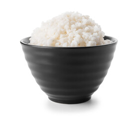 Bowl with tasty rice on white background