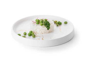 Plate with tasty rice and green peas on white background