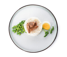 Plate with tasty rice and meat on white background