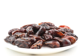 Date palm fruits on white background.