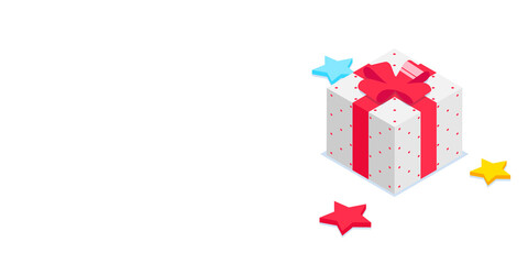 White gift box with ribbon and stars. Banner template with gift box and copy space. Isometric vector illustration. Isolated on white background