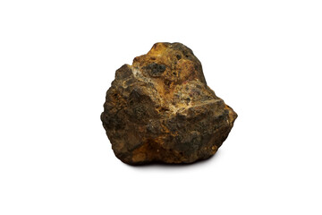 Raw Cassiterite stone, tin oxide mineral isolated on white background.