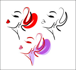 Abstract vector handmade fashion digital sketch illustration set with portrait beautiful young girl for design beauty logo 