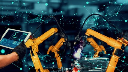Smart industry robot arms modernization for innovative factory technology . Concept of automation...