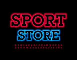 Vector bright Banner Sport Store.  Trendy Neon Font. Glowing Alphabet Letters and Numbers set