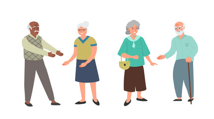 Obraz premium Elderly people couples. Different ethnic and nationality. Happy smiling men and women want to hug. Vector illustrations isolated on white background.