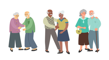 Fototapeta premium Elderly people couples. Different ethnic and nationality. Asian, African American and European men and women. Vector illustrations isolated on white background.
