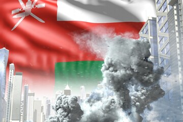big smoke column in the modern city - concept of industrial explosion or act of terror on Oman flag background, industrial 3D illustration