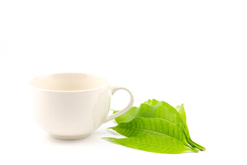 Empty white coffee cup and mango leaves on white background.