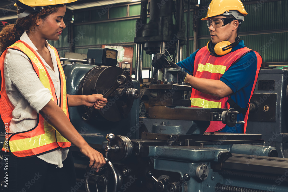 Poster group of skillful workers using machine equipment in factory workshop . industry and engineering peo