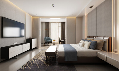 Modern interior mock up furniture and decoration of bedroom design and white pattern wall texture background 3d rendering