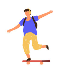 Man on skateboard. Cartoon boy riding board. Young male listening to music with headphones. Teenager balancing on longboard. Extreme city outdoor activities. Vector skateboarders motion