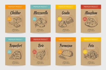 Cheese posters. Gourmet food vintage sketch. Organic cheesy snacks menu design. Farm dairy products package. Natural fresh edam and cheddar labels mockup. Vector cardboard stickers set