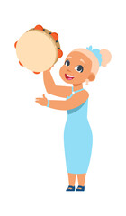 Girl playing tambourine. Woman with musical percussion instrument. Musician holding and banging on drum. Traditional music festival or carnival player. Vector acoustic folk performer