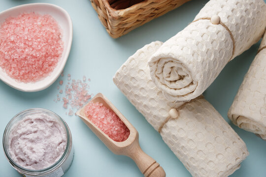 Pink Bath Salt, Dry Body Massage Brush, Muslin Towels. Body Care. View From Above.