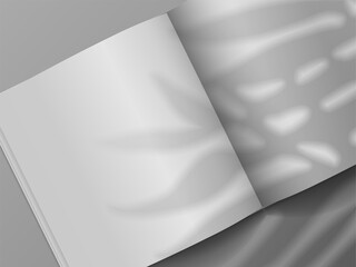 Open book. Realistic brochure mockup with plant shadow overlay effect. 3D notebook and leaves shade. Top view of empty paper sheets. Vector magazine or textbook pages with copy space
