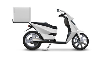 Plakat Scooter for delivering. Realistic motorbike. Side view of 3D vehicle with square box for shipping restaurant orders. Fast courier's moped. Corporate identity template. Vector motorcycle