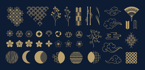 Asian clipart. Golden decorative Japanese collection of plant elements. Traditional oriental signs. Repeated ornaments set. Flowers and bamboo branches. Vector crescent or cloud shapes - obrazy, fototapety, plakaty