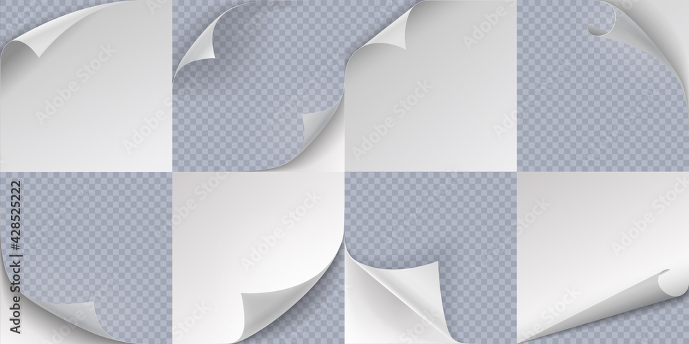 Poster Curled page. Realistic folded paper corners, 3D curve sticker edge effect. Turn sheets templates set. Vector rolled documents with copy space and flip notes on transparent background