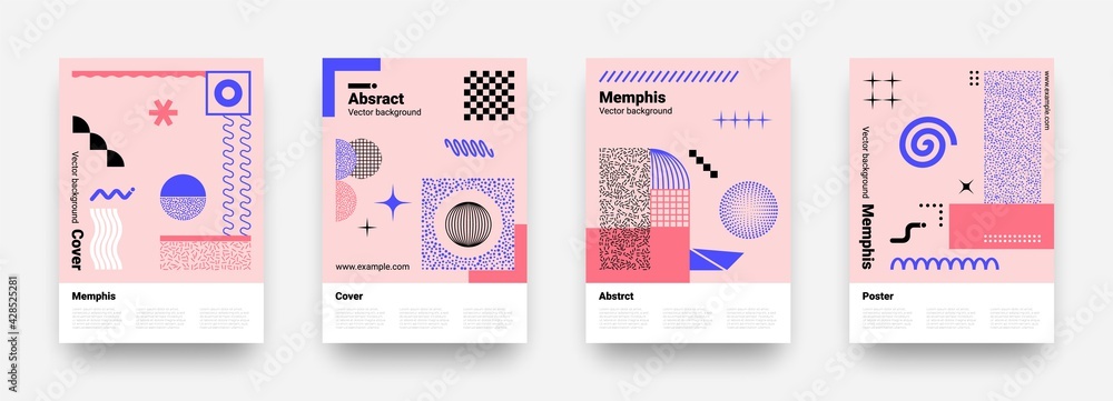 Poster memphis abstract posters. notebook cover graphic design. trendy geometric shapes. pop art banners se
