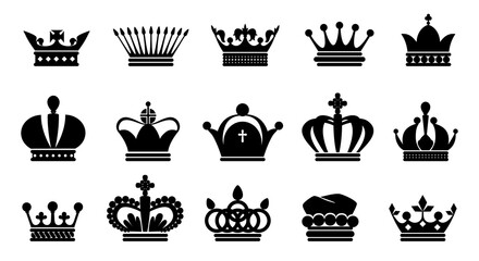 Crown black icons. Royal princess or prince symbol silhouette, king and queen monarch logo collection. Contour medieval imperial headdresses. Vector elegance coronation headwear set