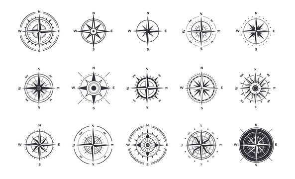 Compass icons. Wind rose with north orientation, sea navigational equipment antique symbols. Cartographic and geographic signs set. Vector silhouettes of vintage nautical instruments