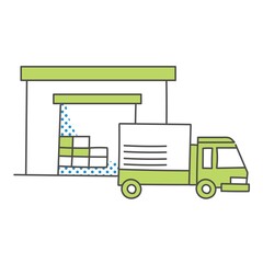倉庫前にトラックが停車するイメージイラスト