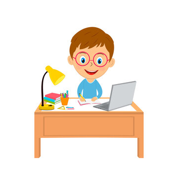 cute cartoon boy using computer