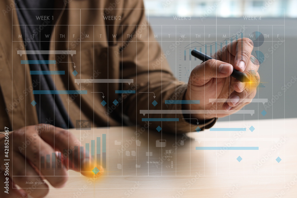 Poster businessman working project and update gantt software chart scheduling virtual diagram and progress 