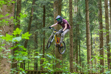 Spektakulärer Mountainbiker springt gekonnt über eine Rampe im Wald © ARochau