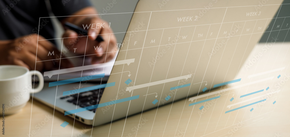 Poster businessman working project and update gantt software chart scheduling virtual diagram and progress 