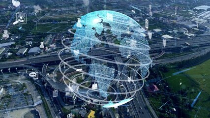 Global connection and internet network modernization in smart city . Concept of future 5G wireless digital connecting and social media networking .